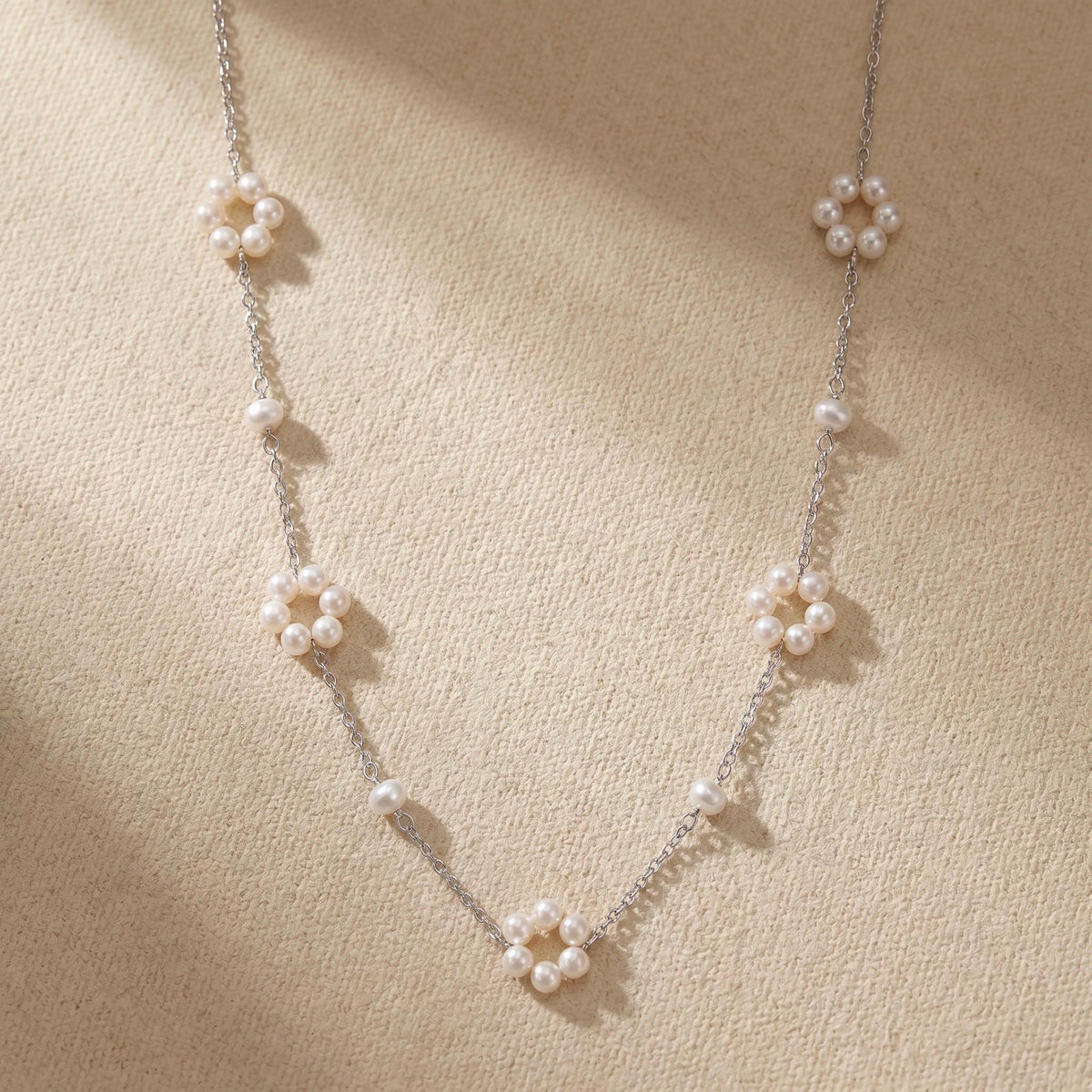 Pearl Flower Necklace, Freshwater Pearl Daisy Chain 18 Inch, 18K Gold or White Gold Vermeil, Dainty Layering Necklace, Gift for Her