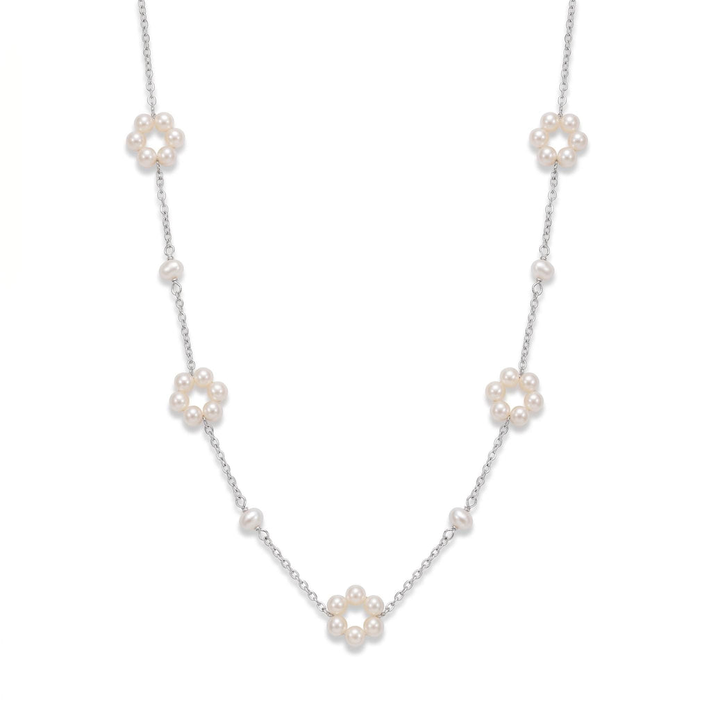 Pearl Flower Necklace, Freshwater Pearl Daisy Chain 18 Inch, 18K Gold or White Gold Vermeil, Dainty Layering Necklace, Gift for Her