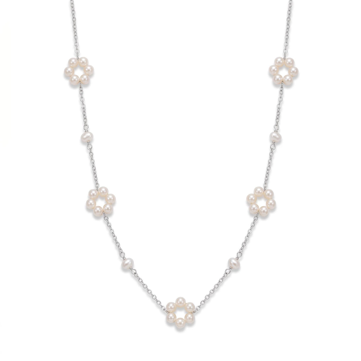 Pearl Flower Necklace, Freshwater Pearl Daisy Chain 18 Inch, 18K Gold or White Gold Vermeil, Dainty Layering Necklace, Gift for Her