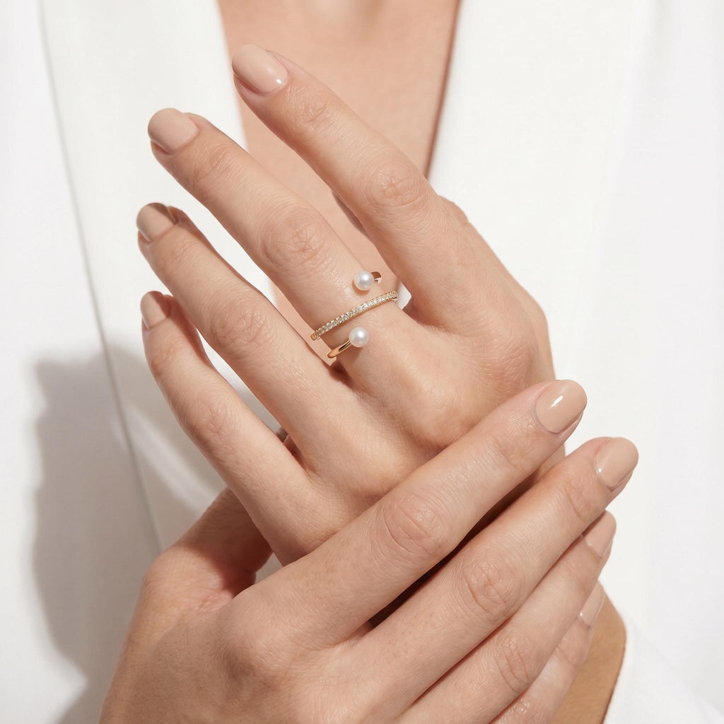 Freshwater Pearl Cross Ring, Handcrafted 14K Gold Vermeil, Moissanite Accent, Dainty Everyday Ring, Gift for Her