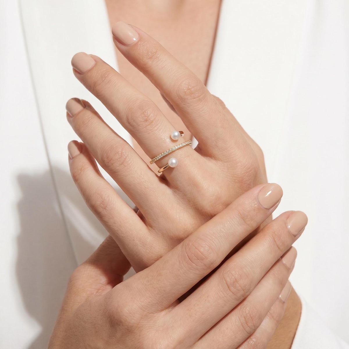 Freshwater Pearl Cross Ring, Handcrafted 14K Gold Vermeil, Moissanite Accent, Dainty Everyday Ring, Gift for Her