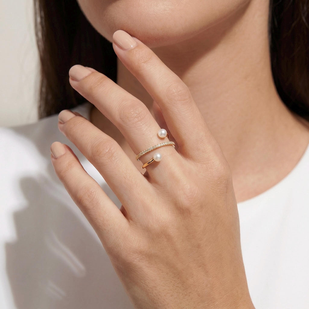 Freshwater Pearl Cross Ring, Handcrafted 14K Gold Vermeil, Moissanite Accent, Dainty Everyday Ring, Gift for Her