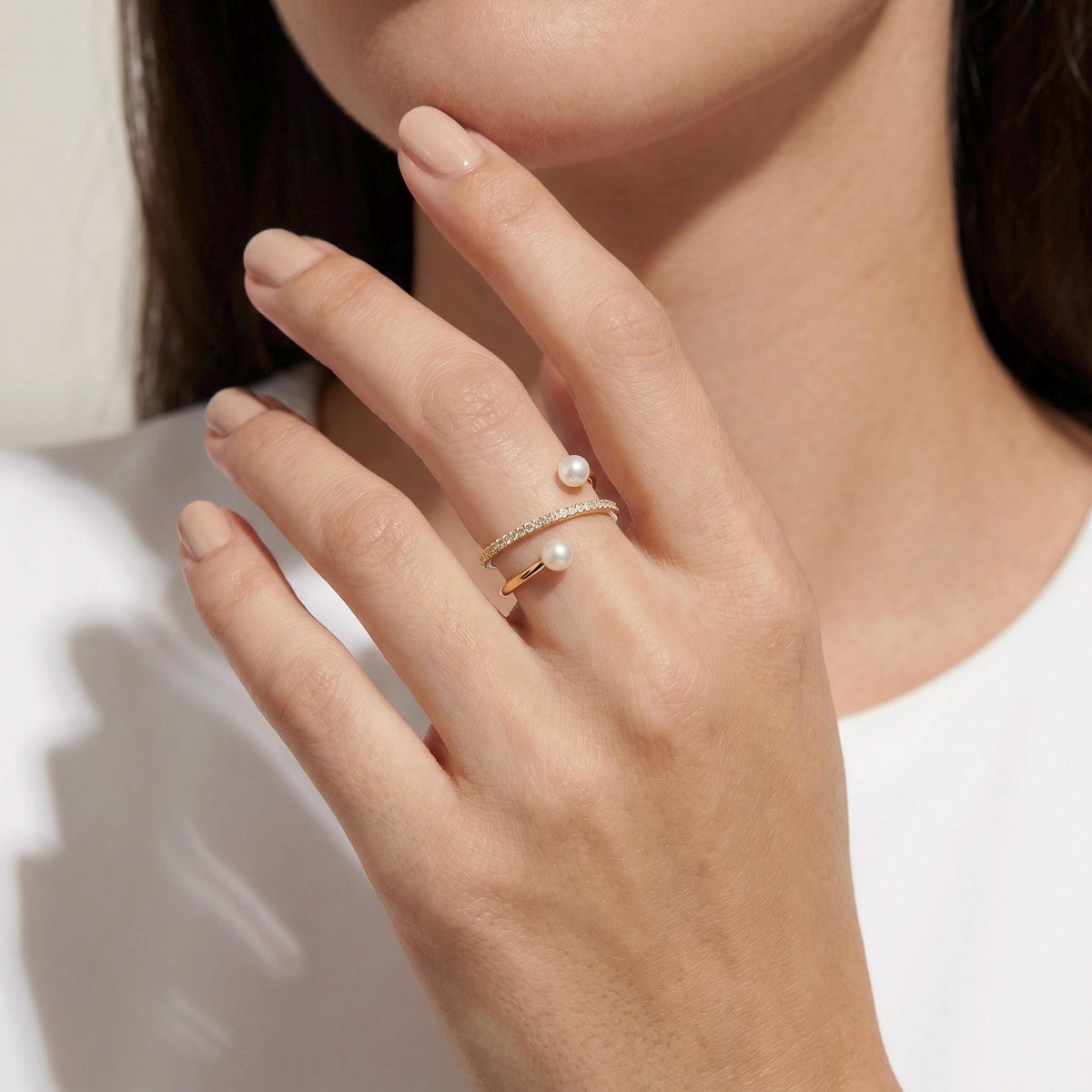 Freshwater Pearl Cross Ring, Handcrafted 14K Gold Vermeil, Moissanite Accent, Dainty Everyday Ring, Gift for Her