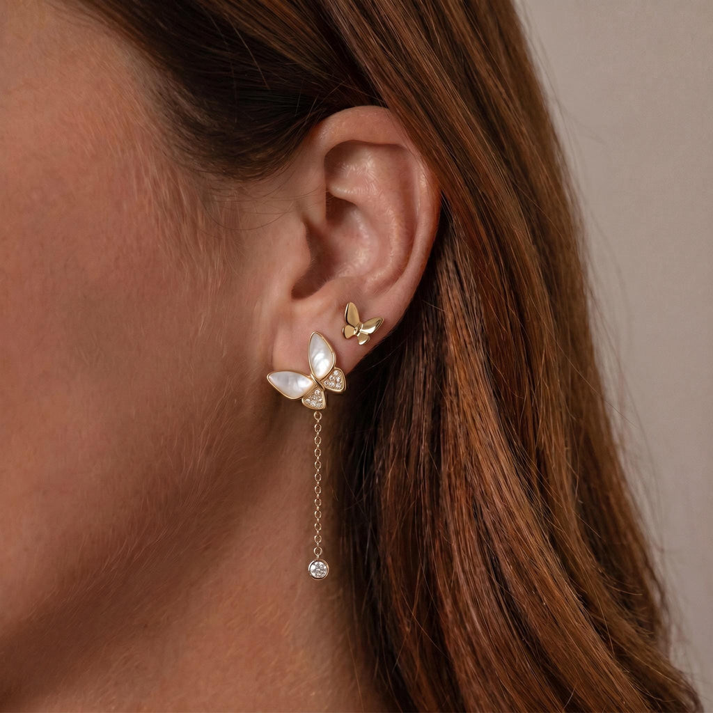 Asymmetric Butterfly Drop Earrings, Mother of Pearl and Moissanite, 18K Gold Vermeil 925 Sterling Silver, Mismatched Earring Gift for Her