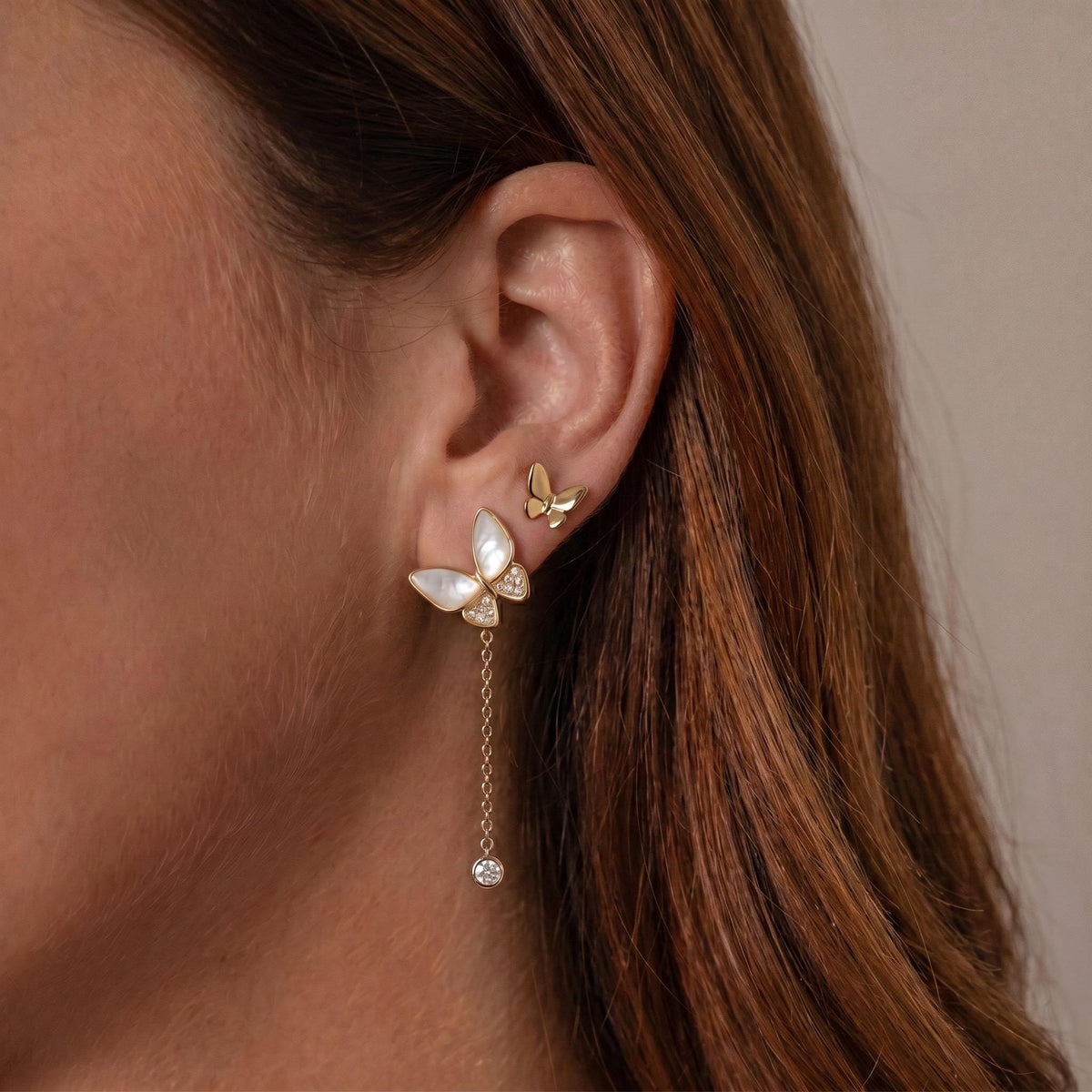 Asymmetric Butterfly Drop Earrings, Mother of Pearl and Moissanite, 18K Gold Vermeil 925 Sterling Silver, Mismatched Earring Gift for Her