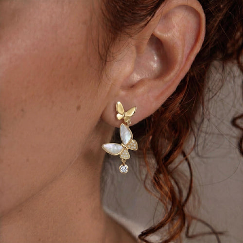 Asymmetric Butterfly Drop Earrings, Mother of Pearl and Moissanite, 18K Gold Vermeil 925 Sterling Silver, Mismatched Earring Gift for Her