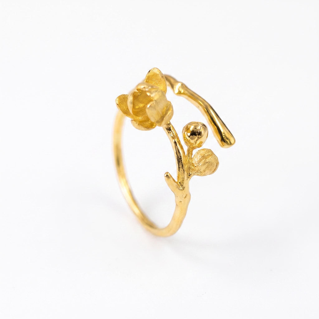 Magnolia Flower Branch Ring, 18K Gold Vermeil or 925 Sterling Silver, Adjustable Open Band, Botanical Nature Design, Gift for Her