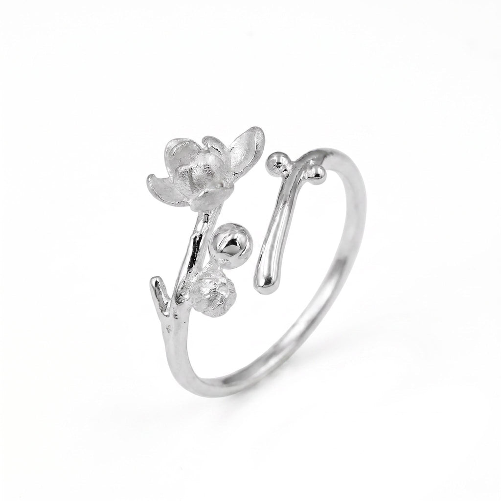 Magnolia Flower Branch Ring, 18K Gold Vermeil or 925 Sterling Silver, Adjustable Open Band, Botanical Nature Design, Gift for Her