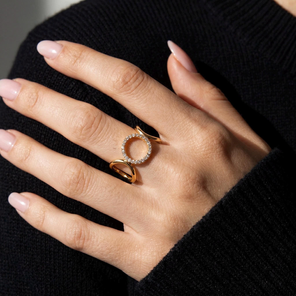 Open Circle Ring CZ Pave, 18K Gold Vermeil or 925 Sterling Silver, Triple Band Statement Ring, Diamond Alternative, Gift for Her