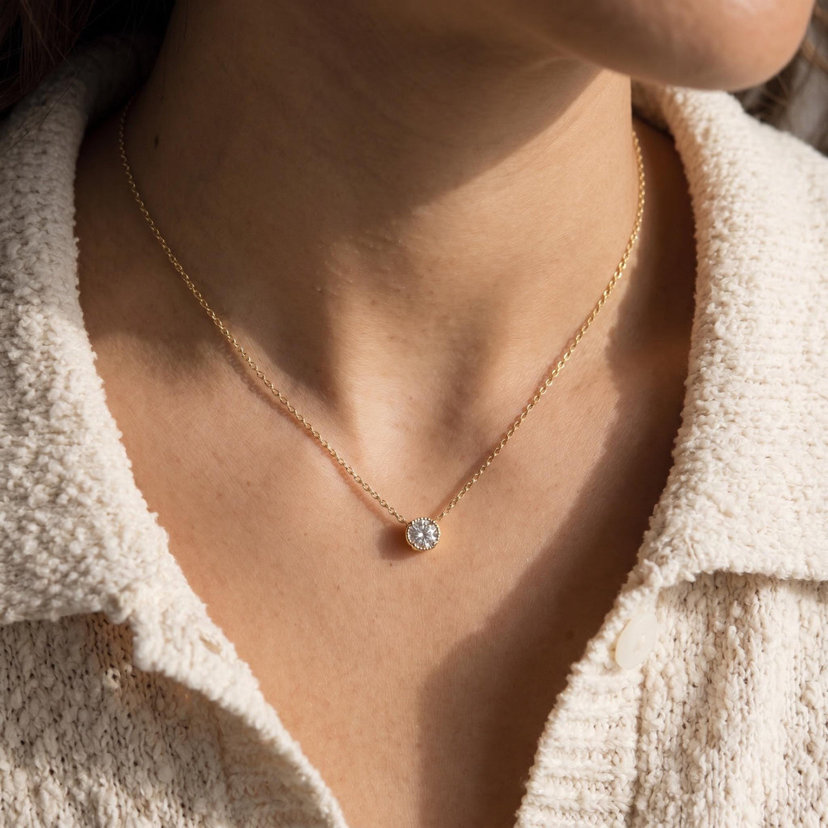 Moissanite Solitaire Necklace, 14K Gold Vermeil Bezel Set Pendant, Diamond Alternative, Dainty Everyday Necklace, Gift for Her