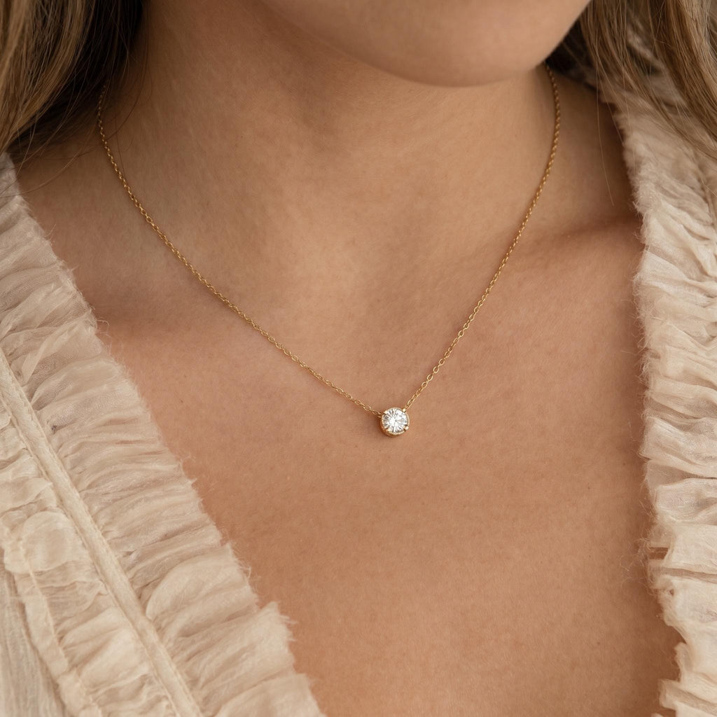 Moissanite Solitaire Necklace, 14K Gold Vermeil Bezel Set Pendant, Diamond Alternative, Dainty Everyday Necklace, Gift for Her
