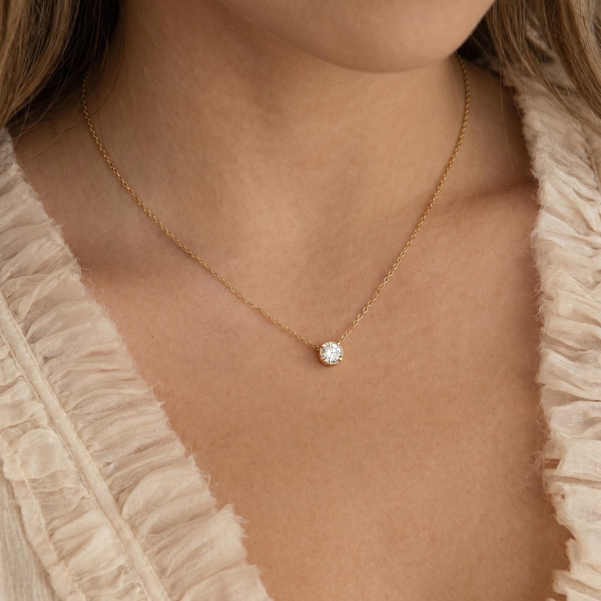 Moissanite Solitaire Necklace, 14K Gold Vermeil Bezel Set Pendant, Diamond Alternative, Dainty Everyday Necklace, Gift for Her