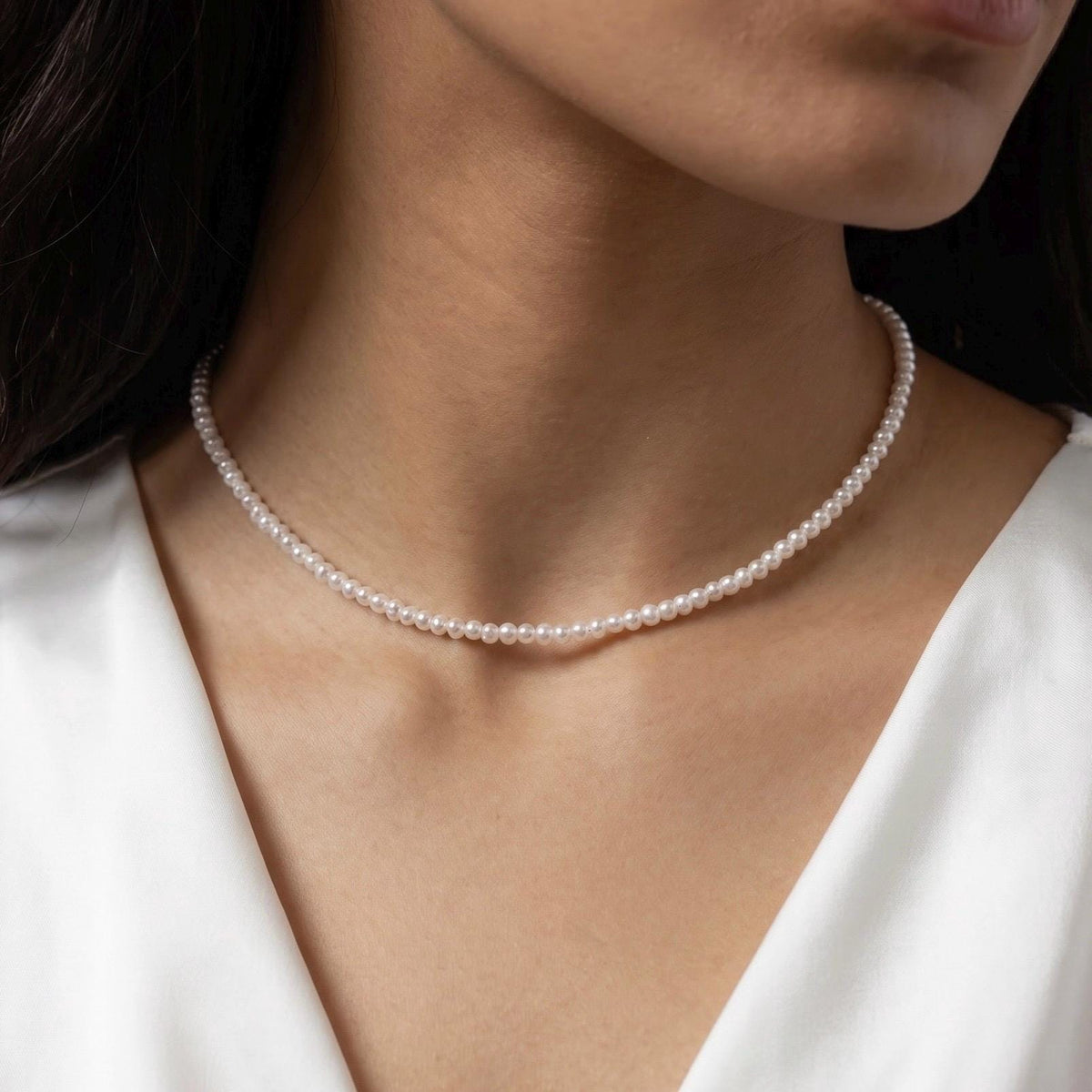 Freshwater Pearl Necklace, 4mm Round Pearl Beaded Choker, 925 Sterling Silver, Dainty Layering Necklace, Gift for Her