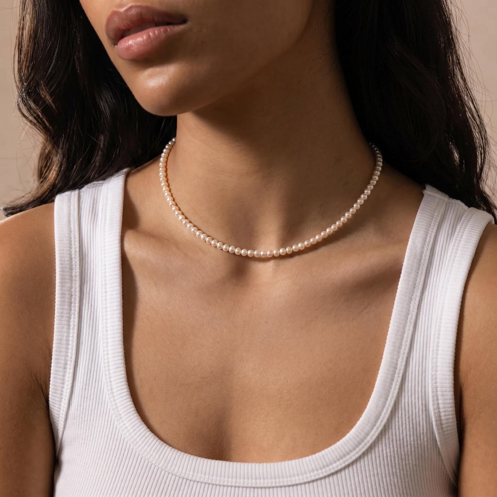Freshwater Pearl Necklace, 4mm Round Pearl Beaded Choker, 925 Sterling Silver, Dainty Layering Necklace, Gift for Her