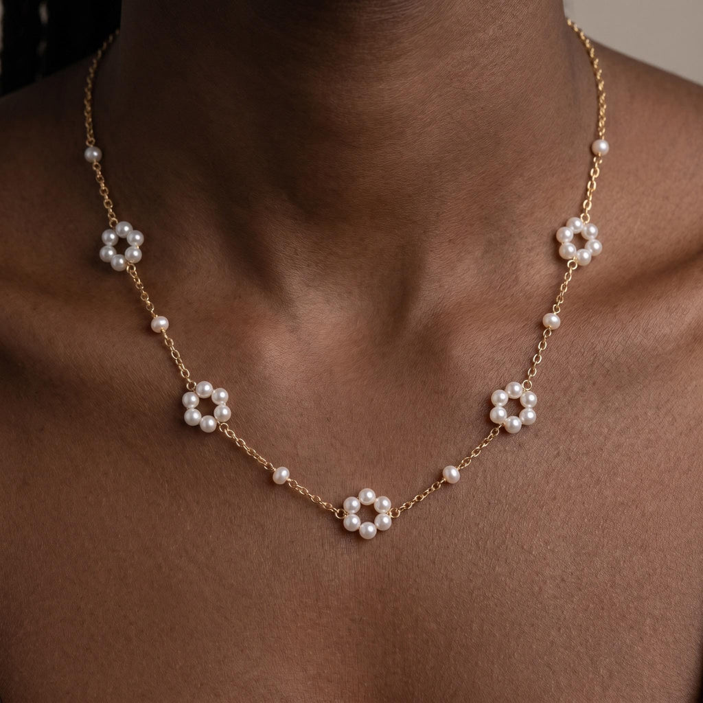 Pearl Flower Necklace, Freshwater Pearl Daisy Chain 18 Inch, 18K Gold or White Gold Vermeil, Dainty Layering Necklace, Gift for Her