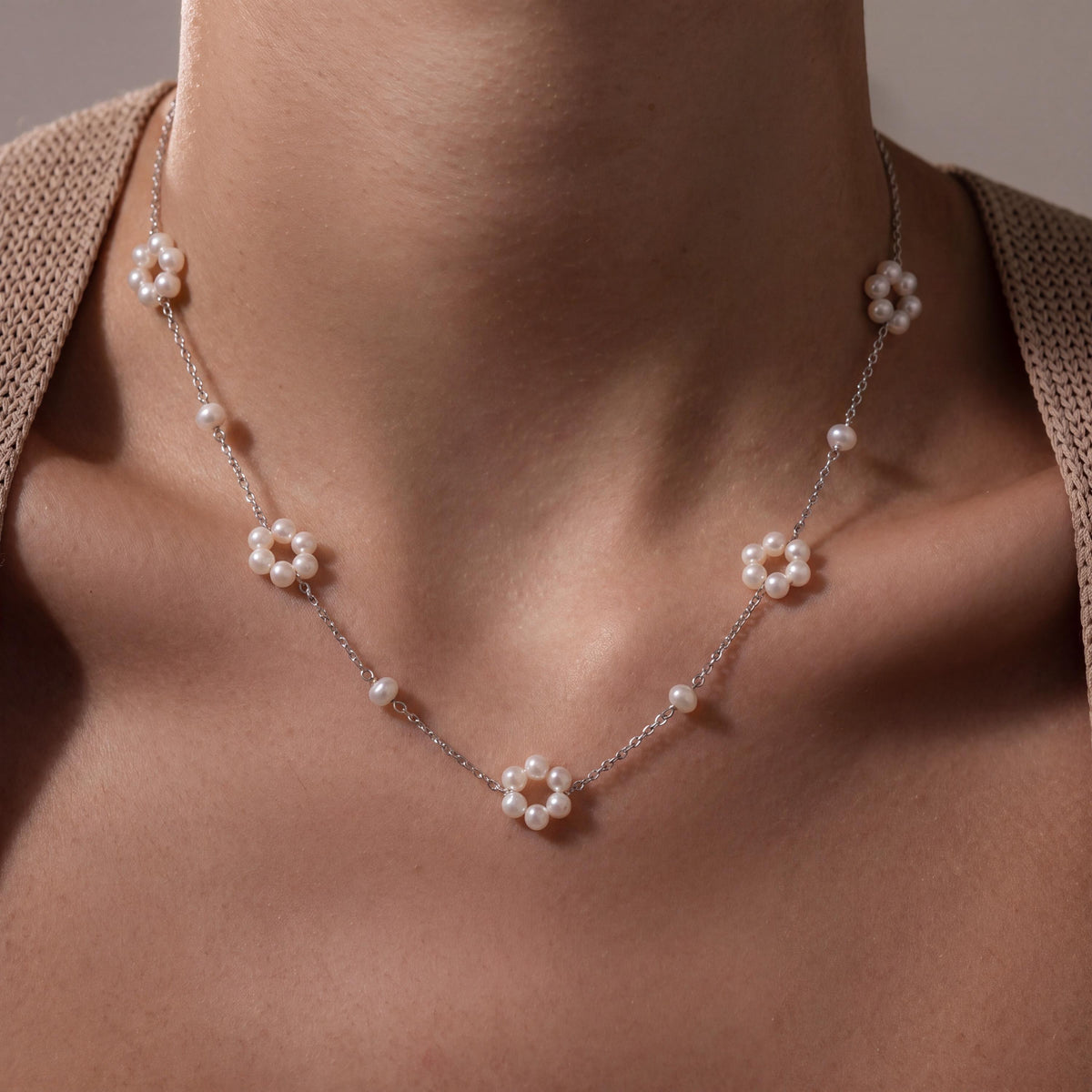 Pearl Flower Necklace, Freshwater Pearl Daisy Chain 18 Inch, 18K Gold or White Gold Vermeil, Dainty Layering Necklace, Gift for Her