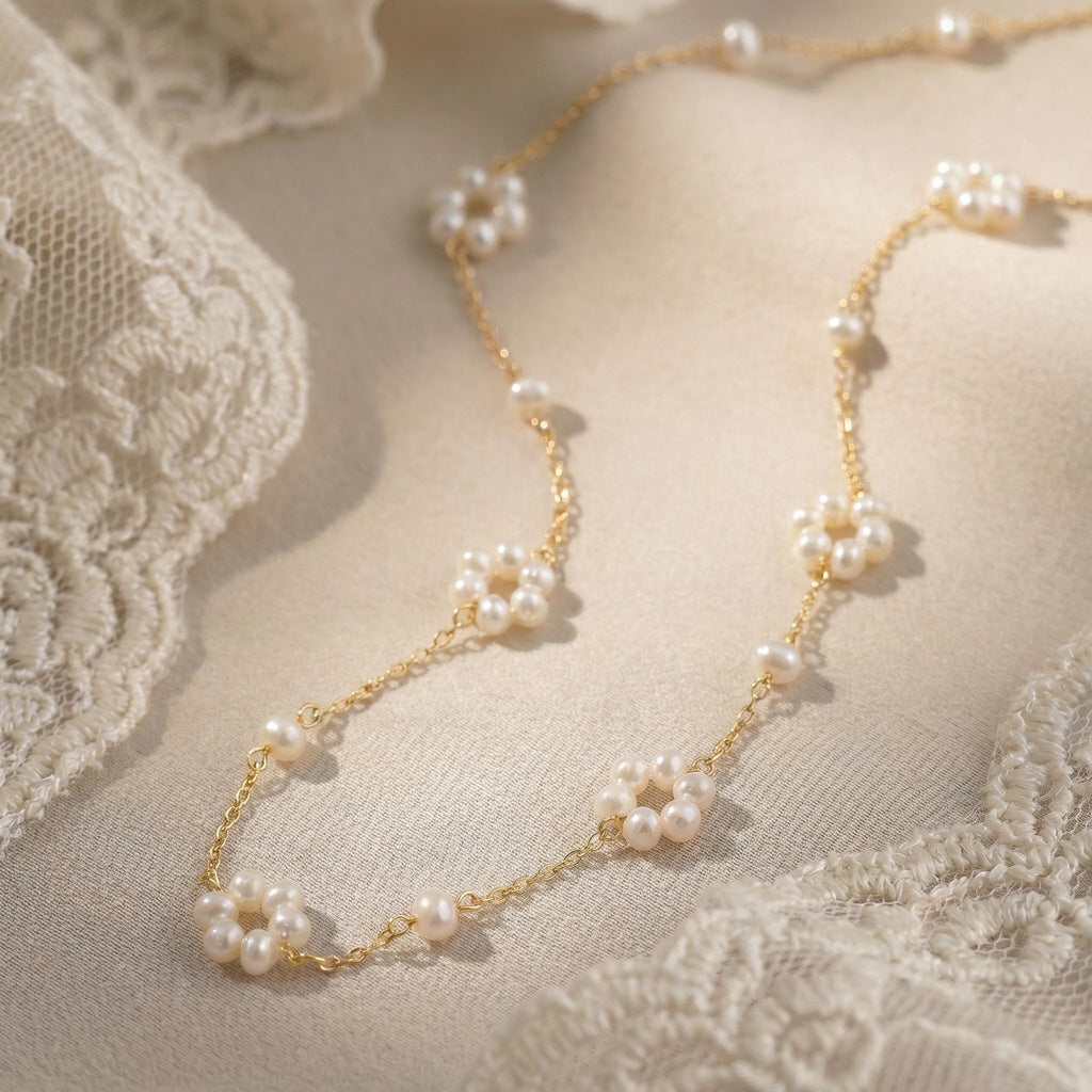 Pearl Flower Necklace, Freshwater Pearl Daisy Chain 18 Inch, 18K Gold or White Gold Vermeil, Dainty Layering Necklace, Gift for Her