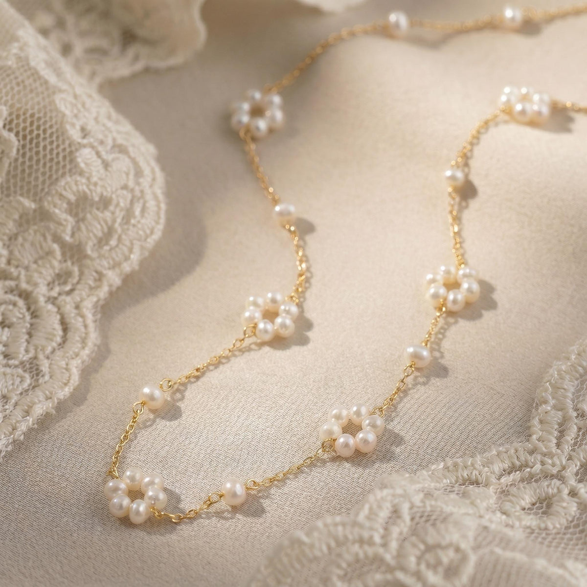 Pearl Flower Necklace, Freshwater Pearl Daisy Chain 18 Inch, 18K Gold or White Gold Vermeil, Dainty Layering Necklace, Gift for Her