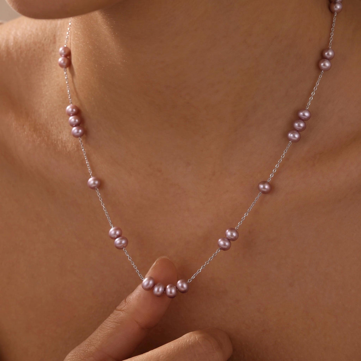 Freshwater Pearl Necklace Gift | Mauve Pink Pearl Station Necklace | 925 Silver Adjustable | Everyday Layering Jewelry