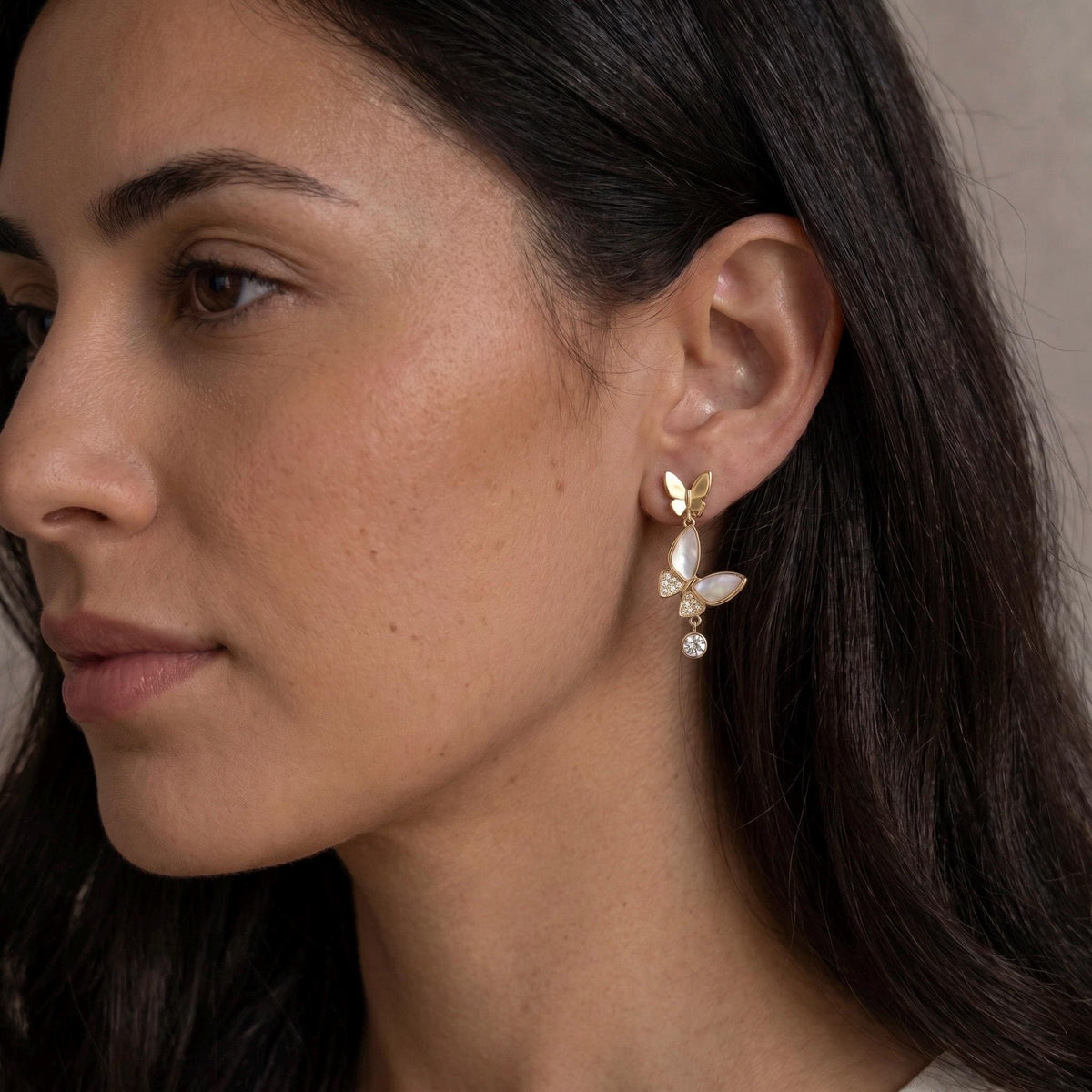 Asymmetric Butterfly Drop Earrings, Mother of Pearl and Moissanite, 18K Gold Vermeil 925 Sterling Silver, Mismatched Earring Gift for Her