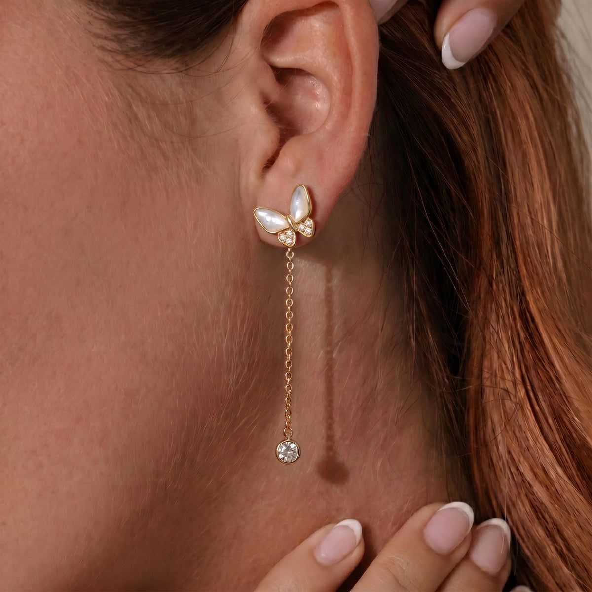 Asymmetric Butterfly Drop Earrings, Mother of Pearl and Moissanite, 18K Gold Vermeil 925 Sterling Silver, Mismatched Earring Gift for Her