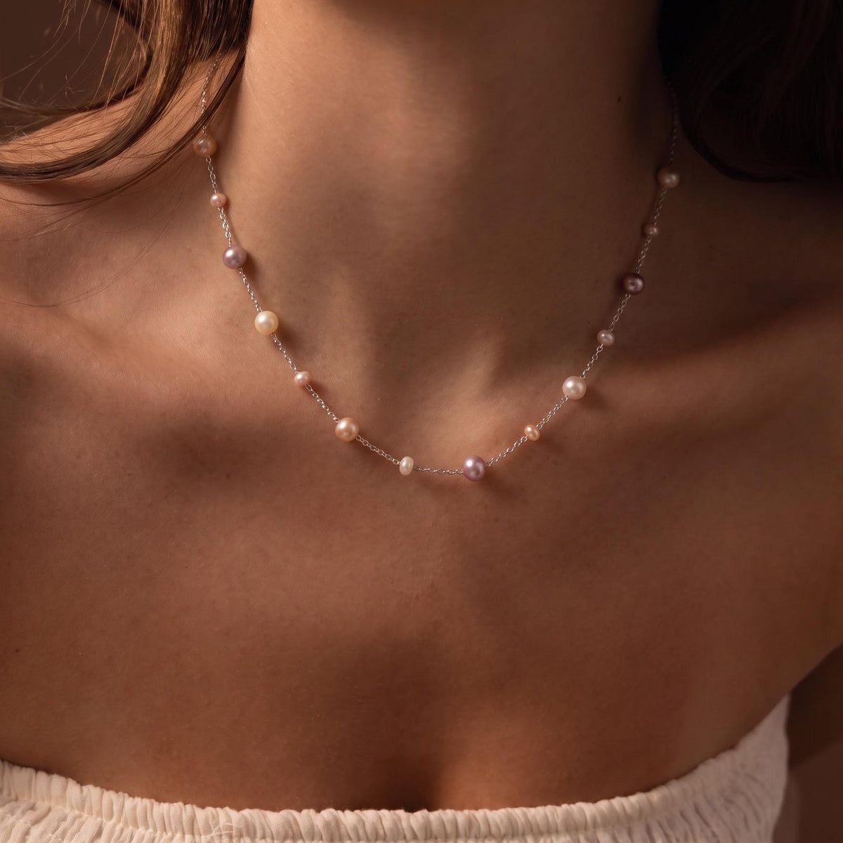 Freshwater Pearl Necklace Gift | Multicolor Pearl Station Necklace | 925 Silver Adjustable | Everyday Layering Jewelry