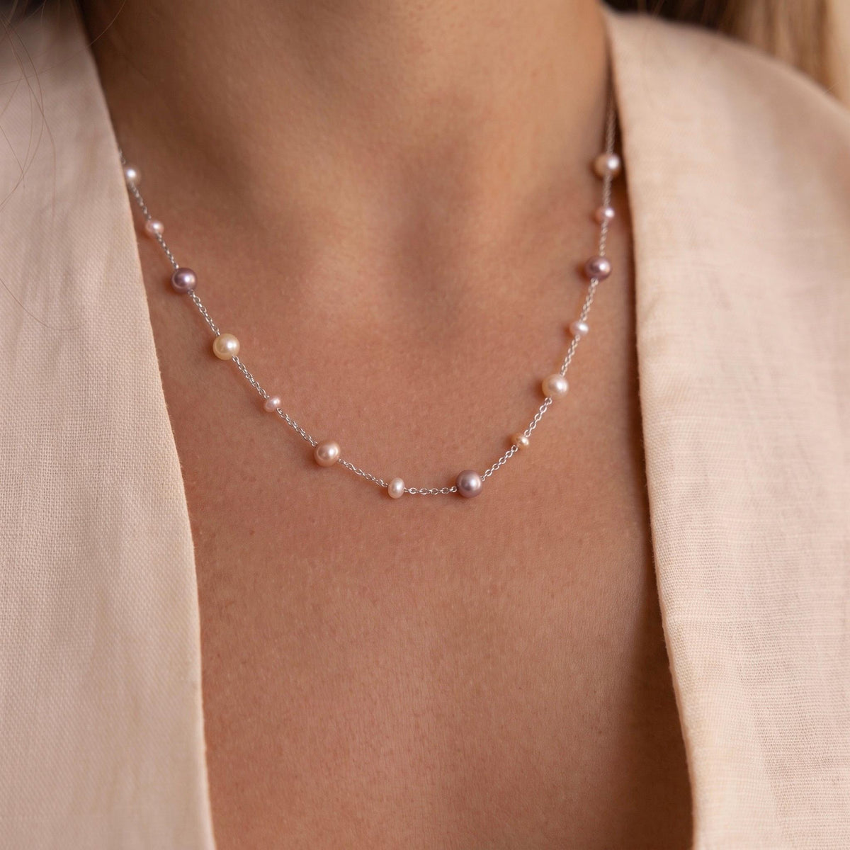 Freshwater Pearl Necklace Gift | Multicolor Pearl Station Necklace | 925 Silver Adjustable | Everyday Layering Jewelry