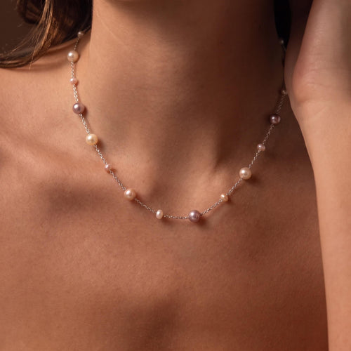 Freshwater Pearl Necklace Gift | Multicolor Pearl Station Necklace | 925 Silver Adjustable | Everyday Layering Jewelry