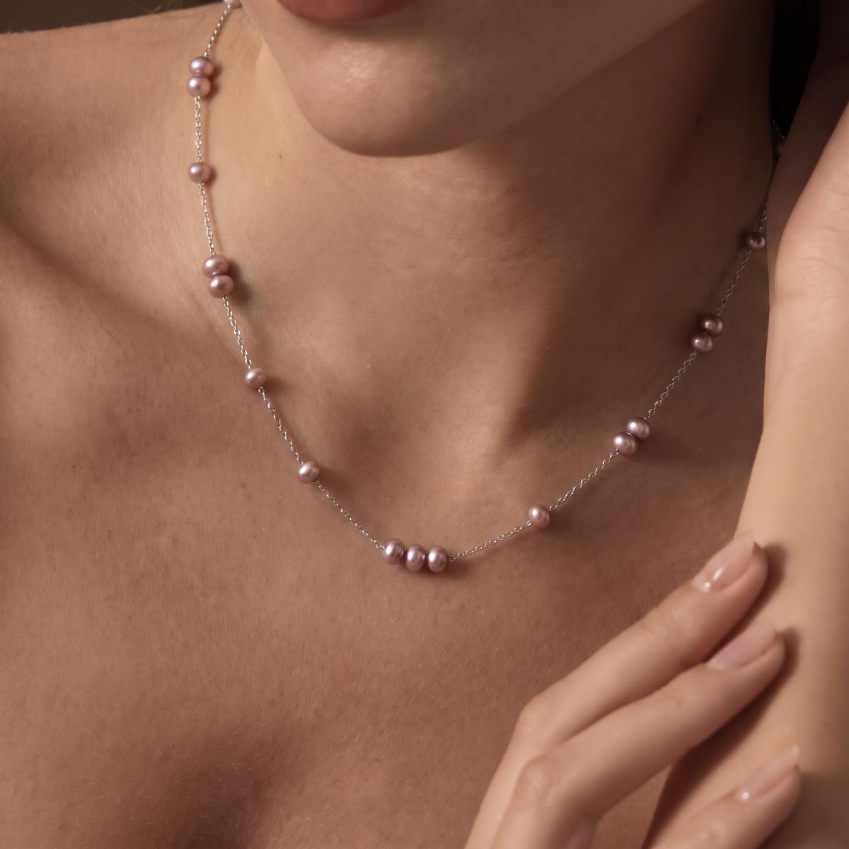Freshwater Pearl Necklace Gift | Mauve Pink Pearl Station Necklace | 925 Silver Adjustable | Everyday Layering Jewelry