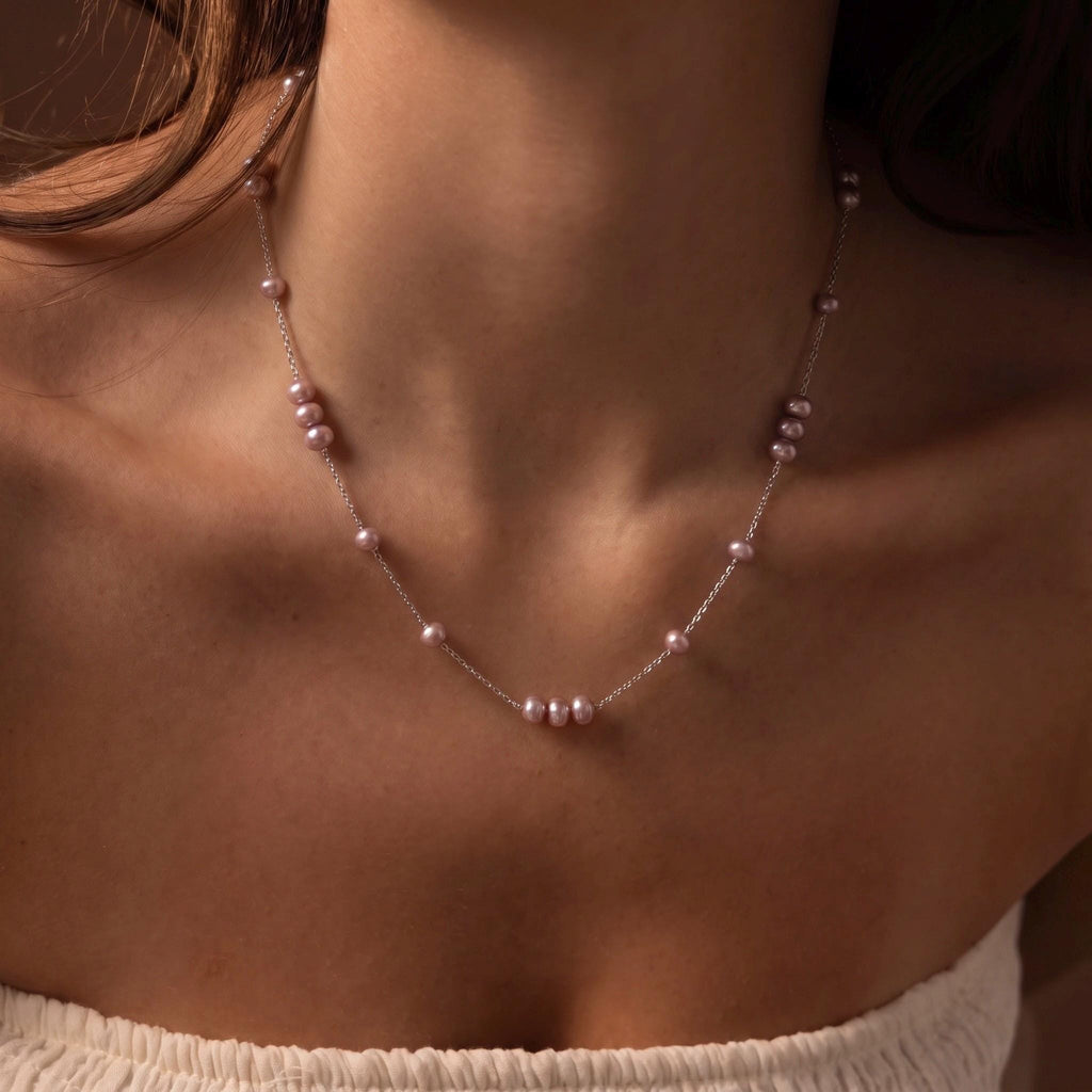 Freshwater Pearl Necklace Gift | Mauve Pink Pearl Station Necklace | 925 Silver Adjustable | Everyday Layering Jewelry