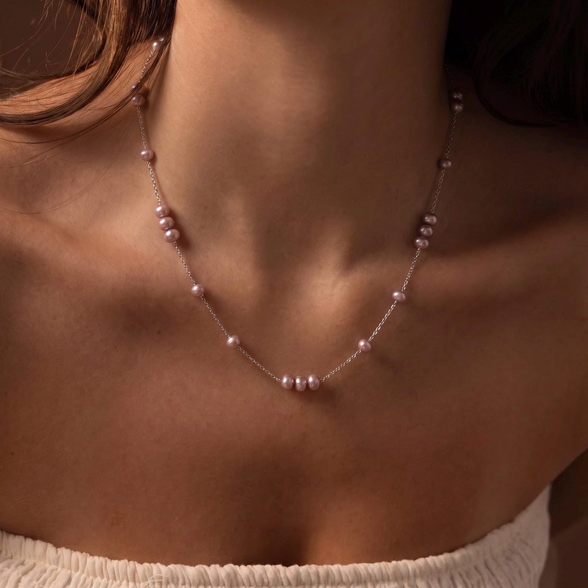 Freshwater Pearl Necklace Gift | Mauve Pink Pearl Station Necklace | 925 Silver Adjustable | Everyday Layering Jewelry