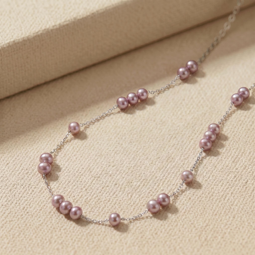 Freshwater Pearl Necklace Gift | Mauve Pink Pearl Station Necklace | 925 Silver Adjustable | Everyday Layering Jewelry