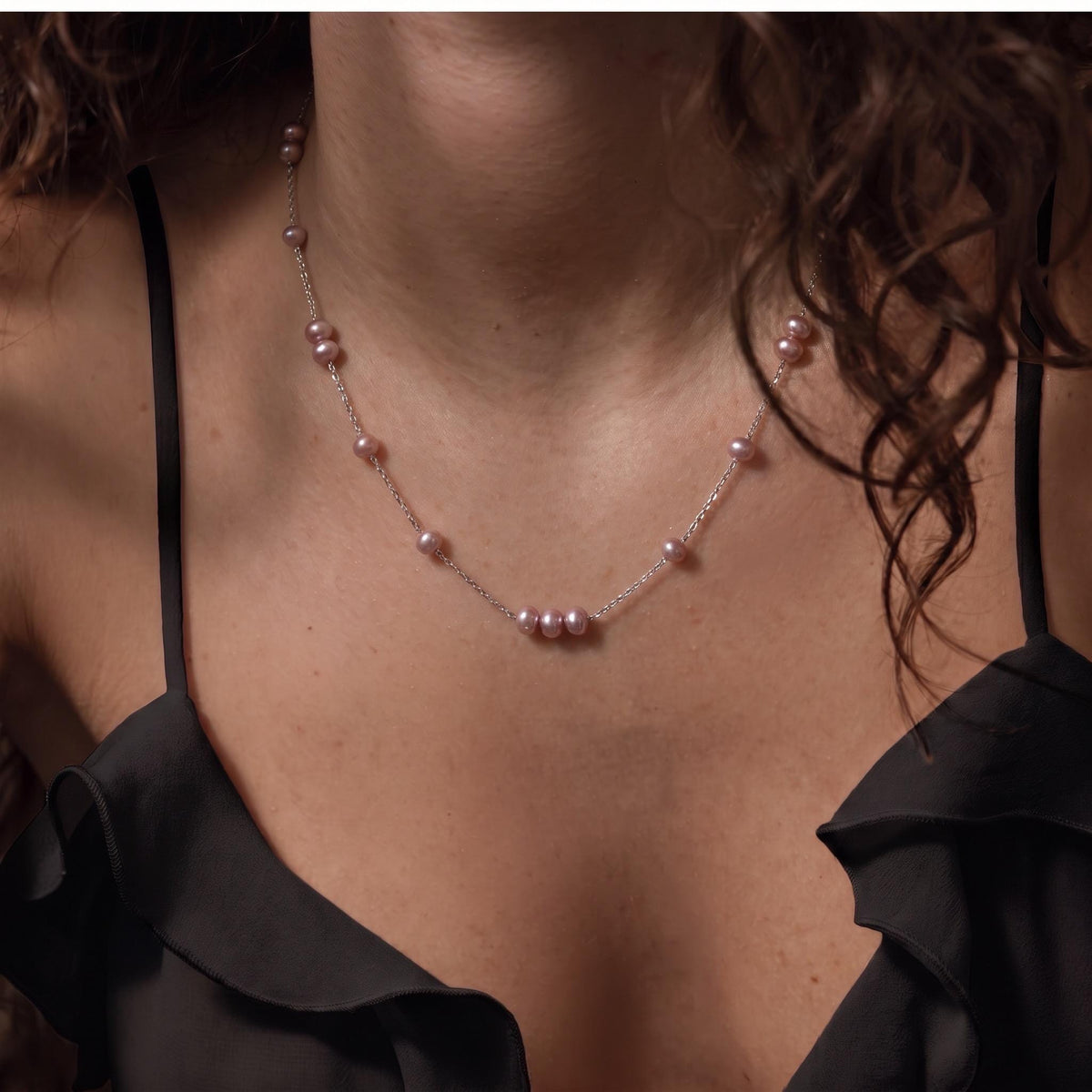 Freshwater Pearl Necklace Gift | Mauve Pink Pearl Station Necklace | 925 Silver Adjustable | Everyday Layering Jewelry