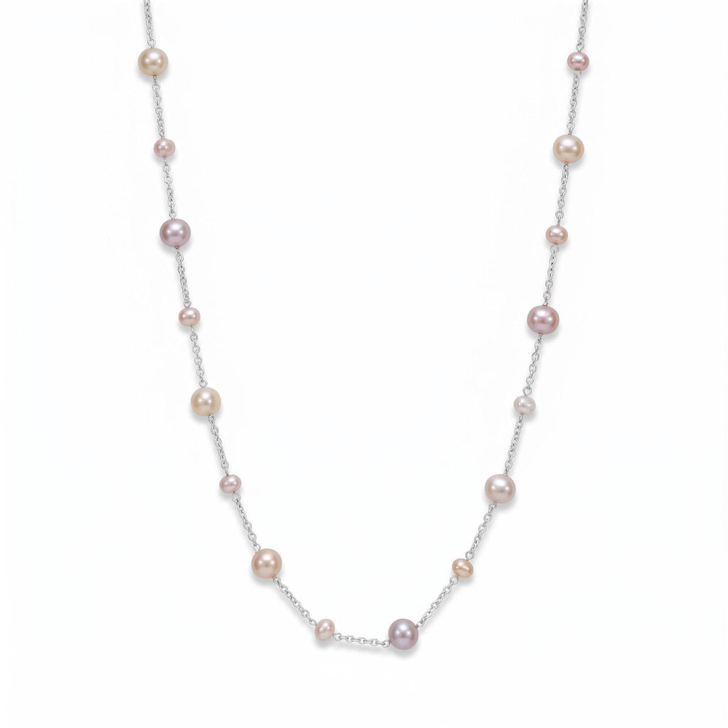 Freshwater Pearl Necklace Gift | Multicolor Pearl Station Necklace | 925 Silver Adjustable | Everyday Layering Jewelry
