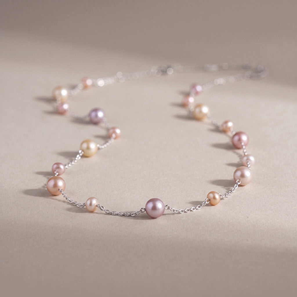 Freshwater Pearl Necklace Gift | Multicolor Pearl Station Necklace | 925 Silver Adjustable | Everyday Layering Jewelry