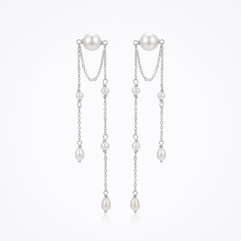 Pearl Fringe Earrings Gift | Long Double Chain Pearl Earrings | Gold or White Gold | Bridal Wedding Jewelry