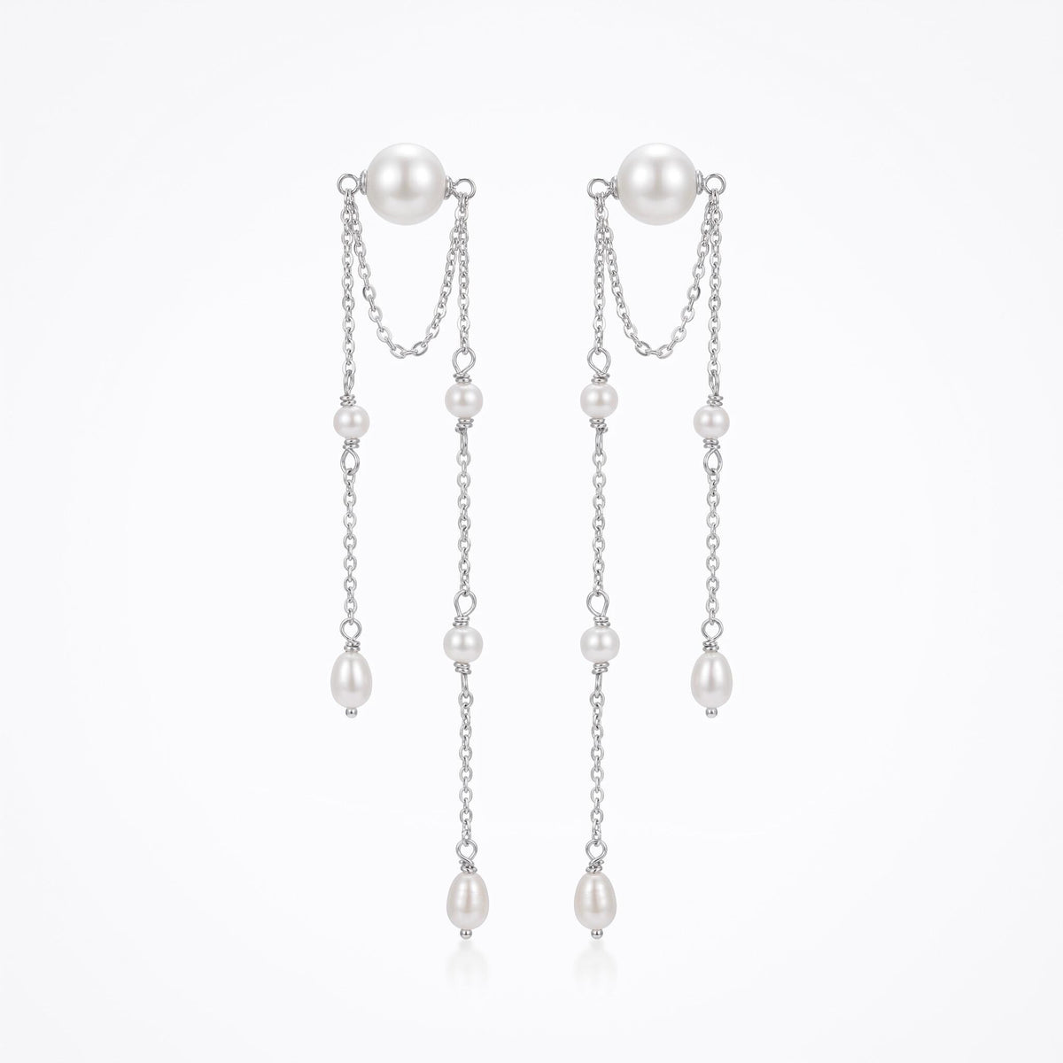 Pearl Fringe Earrings Gift | Long Double Chain Pearl Earrings | Gold or White Gold | Bridal Wedding Jewelry