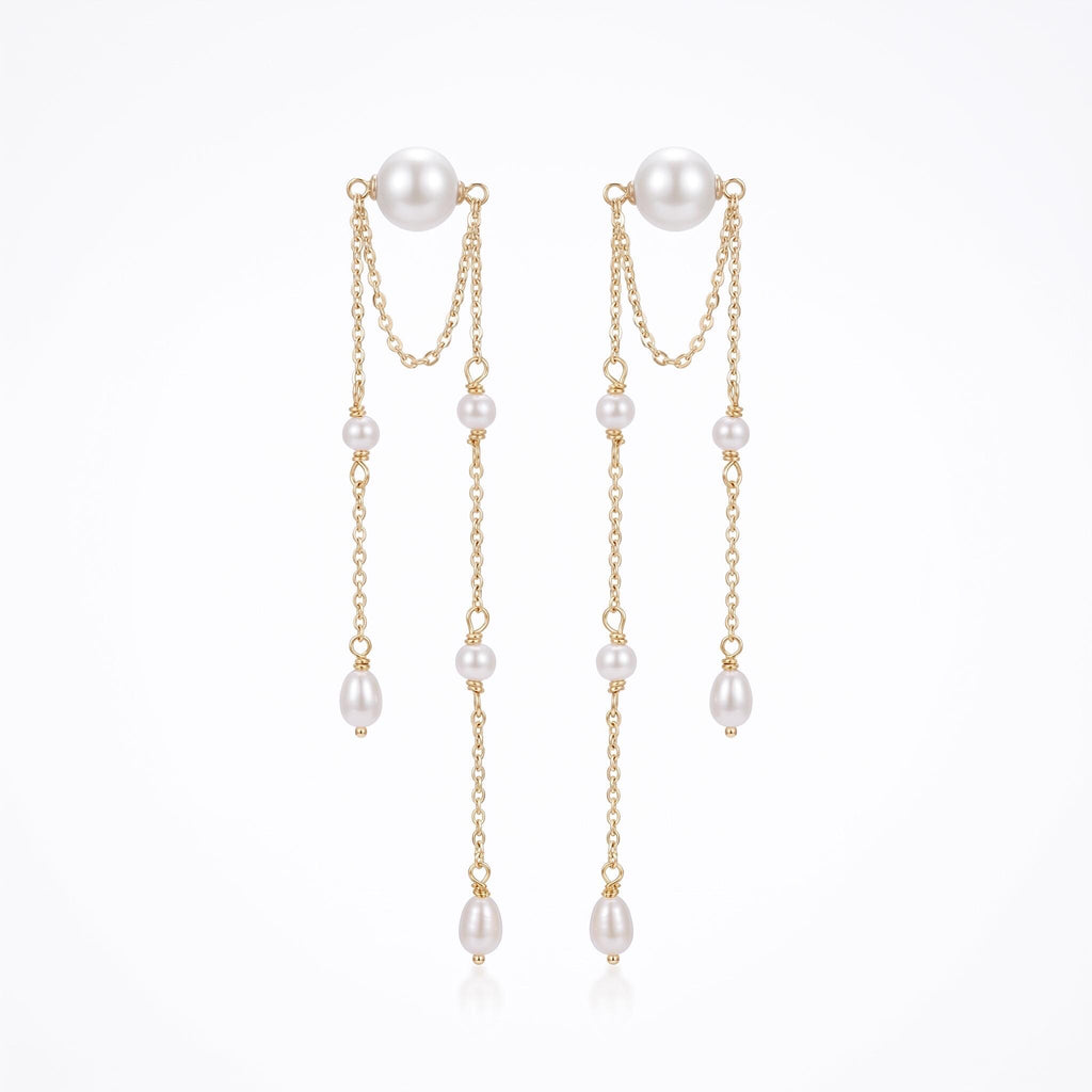 Pearl Fringe Earrings Gift | Long Double Chain Pearl Earrings | Gold or White Gold | Bridal Wedding Jewelry