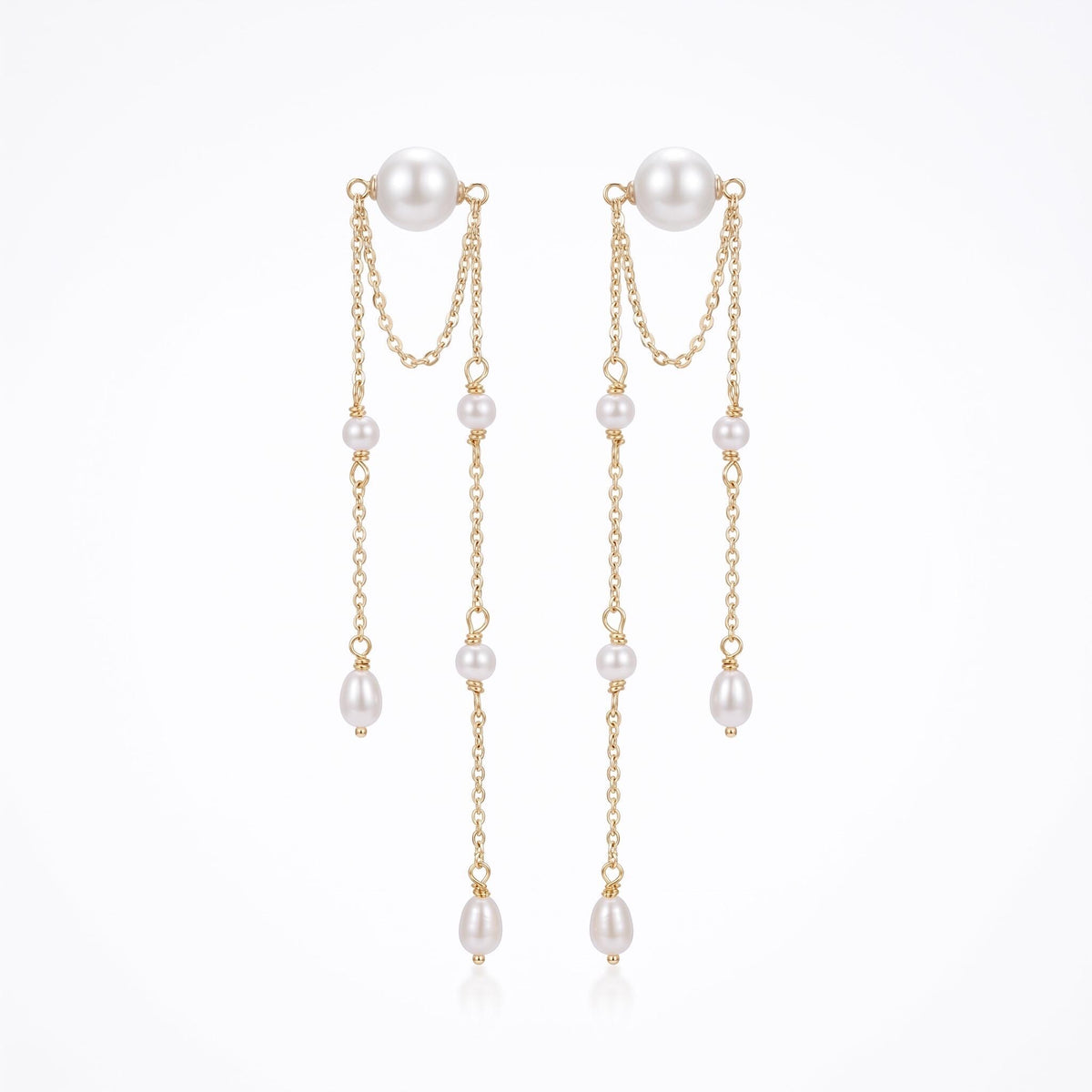 Pearl Fringe Earrings Gift | Long Double Chain Pearl Earrings | Gold or White Gold | Bridal Wedding Jewelry