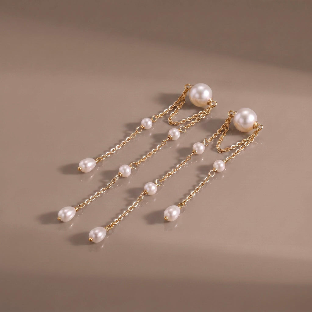 Pearl Fringe Earrings Gift | Long Double Chain Pearl Earrings | Gold or White Gold | Bridal Wedding Jewelry