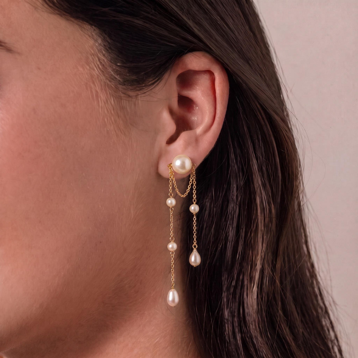 Pearl Fringe Earrings Gift | Long Double Chain Pearl Earrings | Gold or White Gold | Bridal Wedding Jewelry