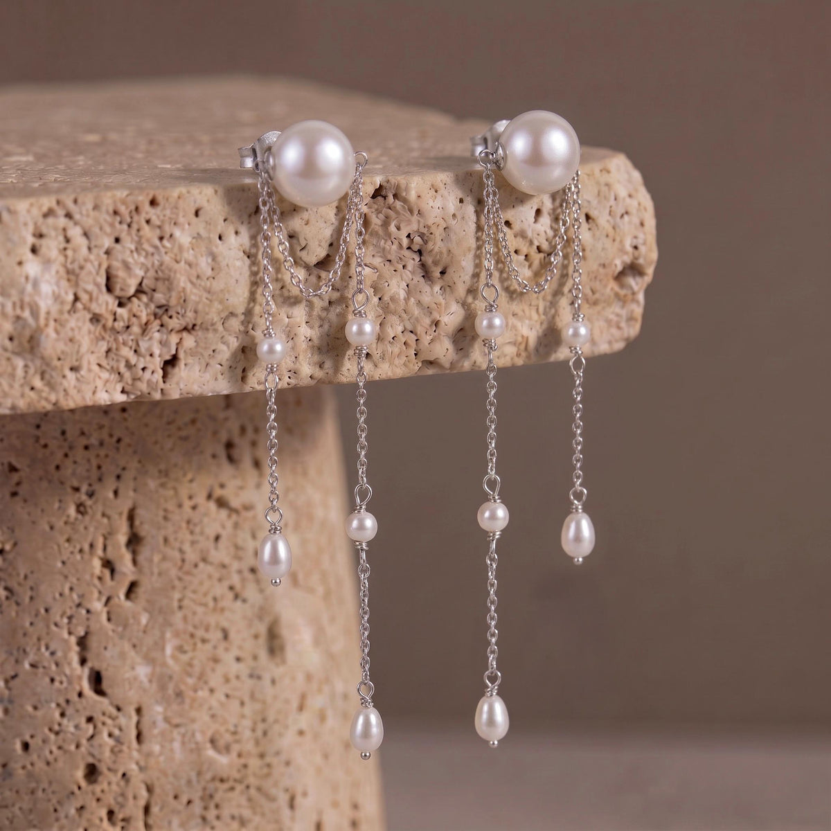 Pearl Fringe Earrings Gift | Long Double Chain Pearl Earrings | Gold or White Gold | Bridal Wedding Jewelry