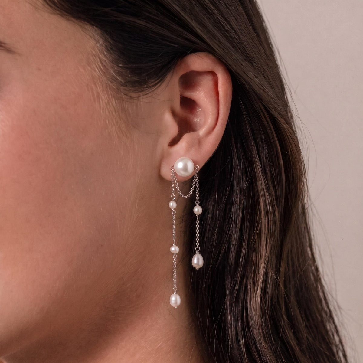 Pearl Fringe Earrings Gift | Long Double Chain Pearl Earrings | Gold or White Gold | Bridal Wedding Jewelry