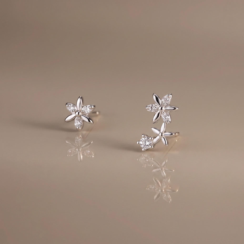 Flower Stud Earrings Gift | Crystal Floral Ear Climber Studs | 925 Sterling Silver | Everyday Jewelry