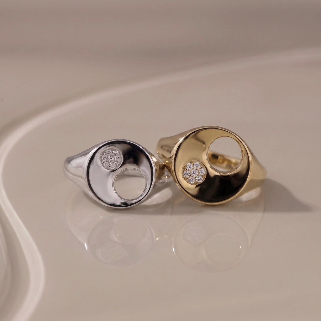 Moissanite Signet Ring Gift | Cutout Circle Statement Ring | 14K Gold or White Gold | Gift for Her
