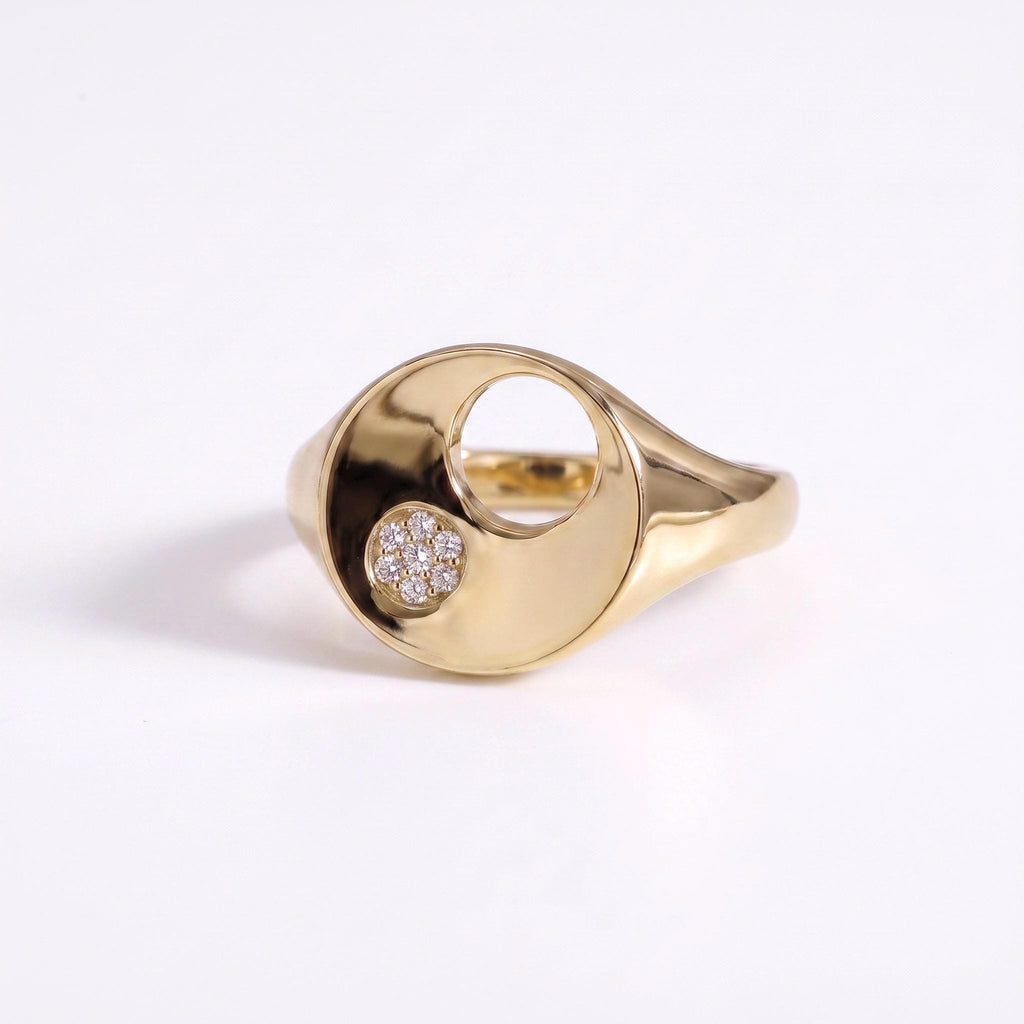 Moissanite Signet Ring Gift | Cutout Circle Statement Ring | 14K Gold or White Gold | Gift for Her
