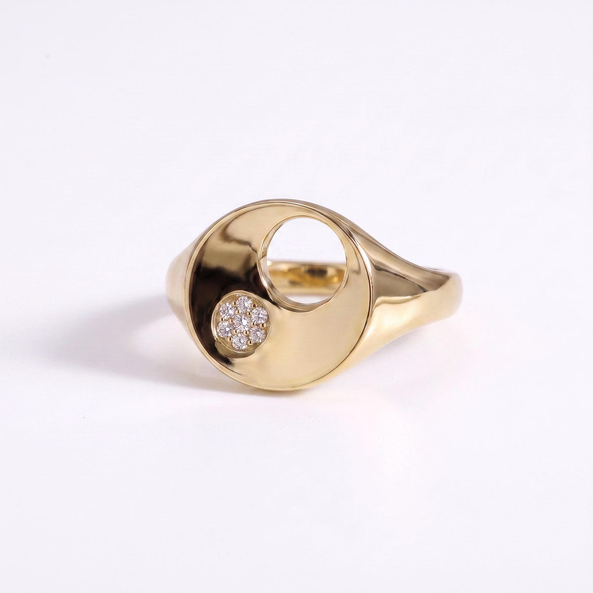 Moissanite Signet Ring Gift | Cutout Circle Statement Ring | 14K Gold or White Gold | Gift for Her