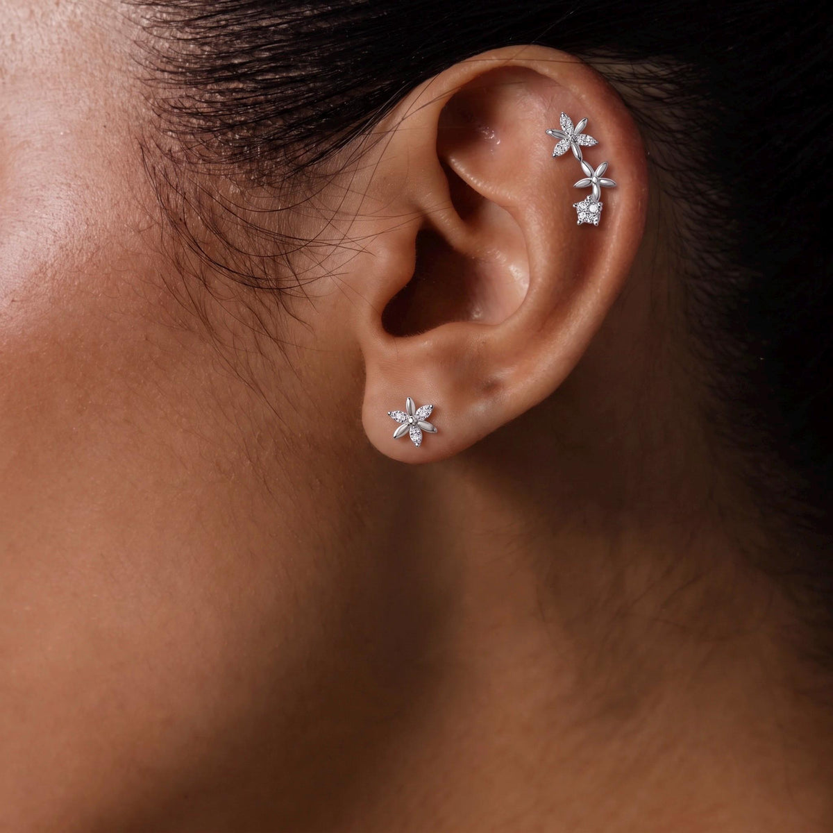 Flower Stud Earrings Gift | Crystal Floral Ear Climber Studs | 925 Sterling Silver | Everyday Jewelry