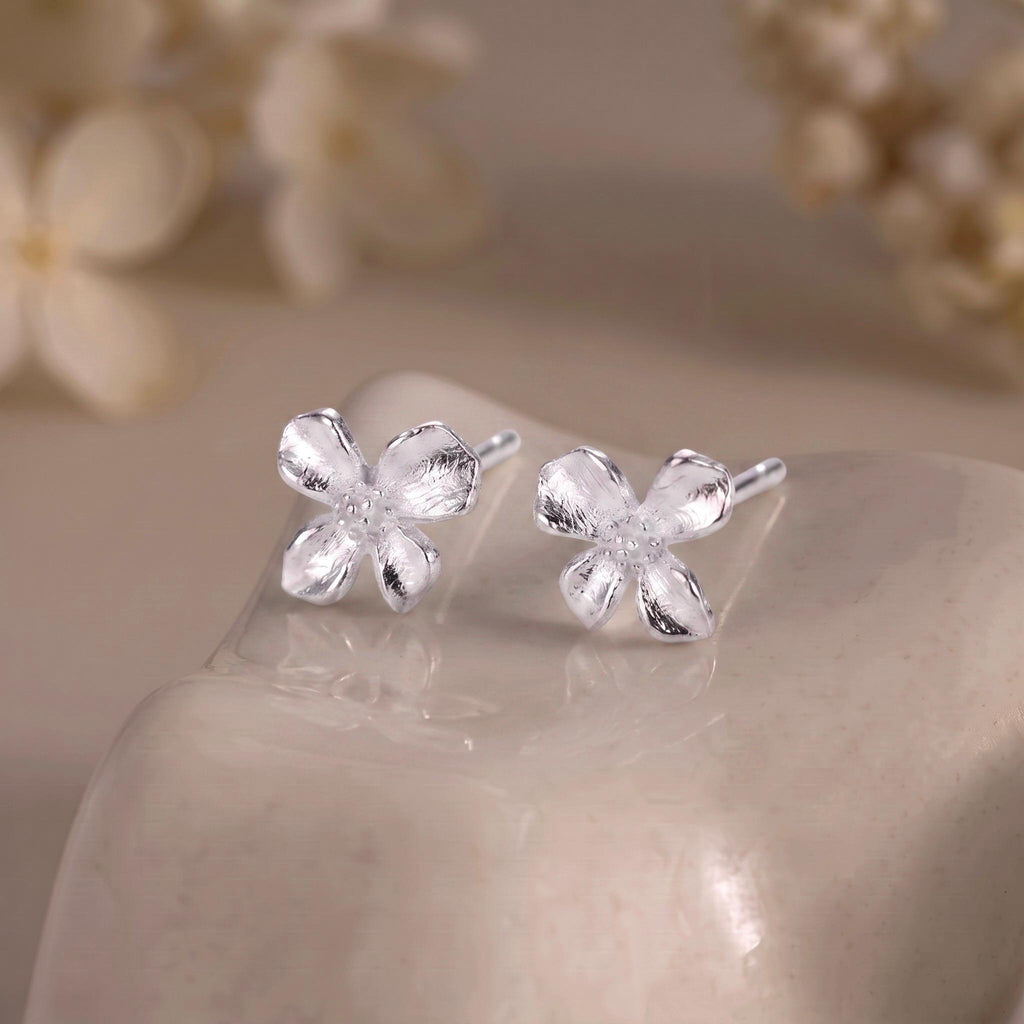 Flower Stud Earrings Gift | Brushed Silver Floral Studs | 925 Sterling Silver | Everyday Jewelry
