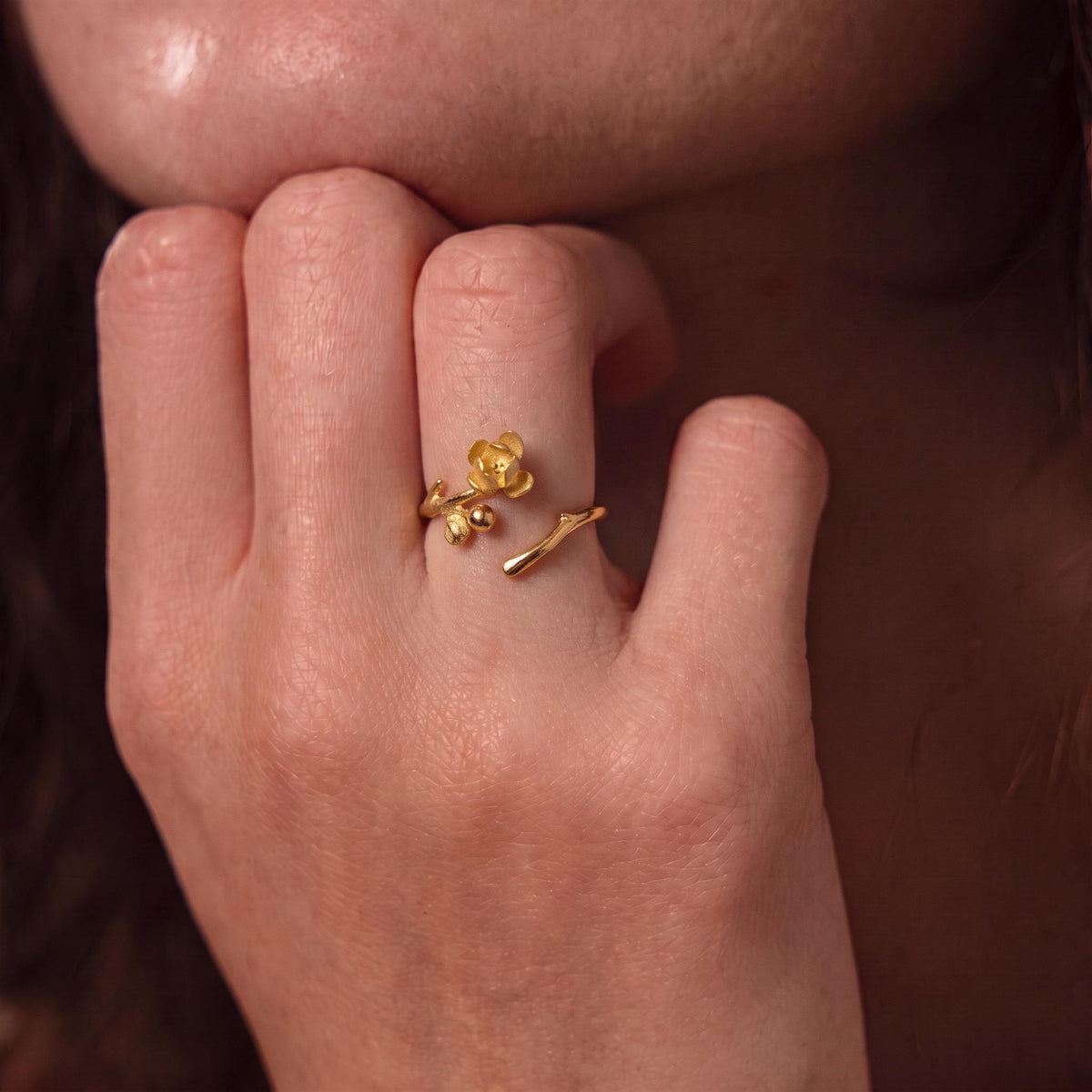 Magnolia Flower Branch Ring, 18K Gold Vermeil or 925 Sterling Silver, Adjustable Open Band, Botanical Nature Design, Gift for Her